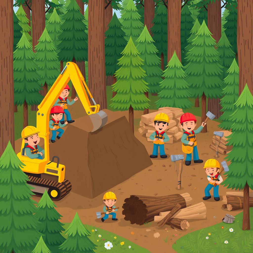 In a bustling forest scene, a group of cheerful lumberjacks wearing colorful safety helmets are hard at work