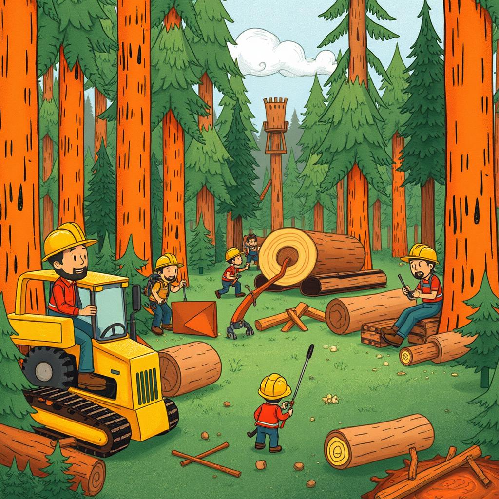 A whimsical forest scene featuring several lumberjacks wearing safety helmets, with some operating excavators and others chopping down trees