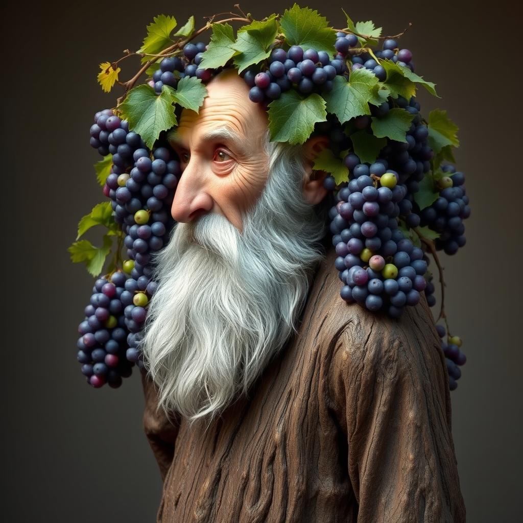 A fusion character of an old man with the trunk of a grapevine tree, where his body is transformed to resemble the thick, gnarled trunk