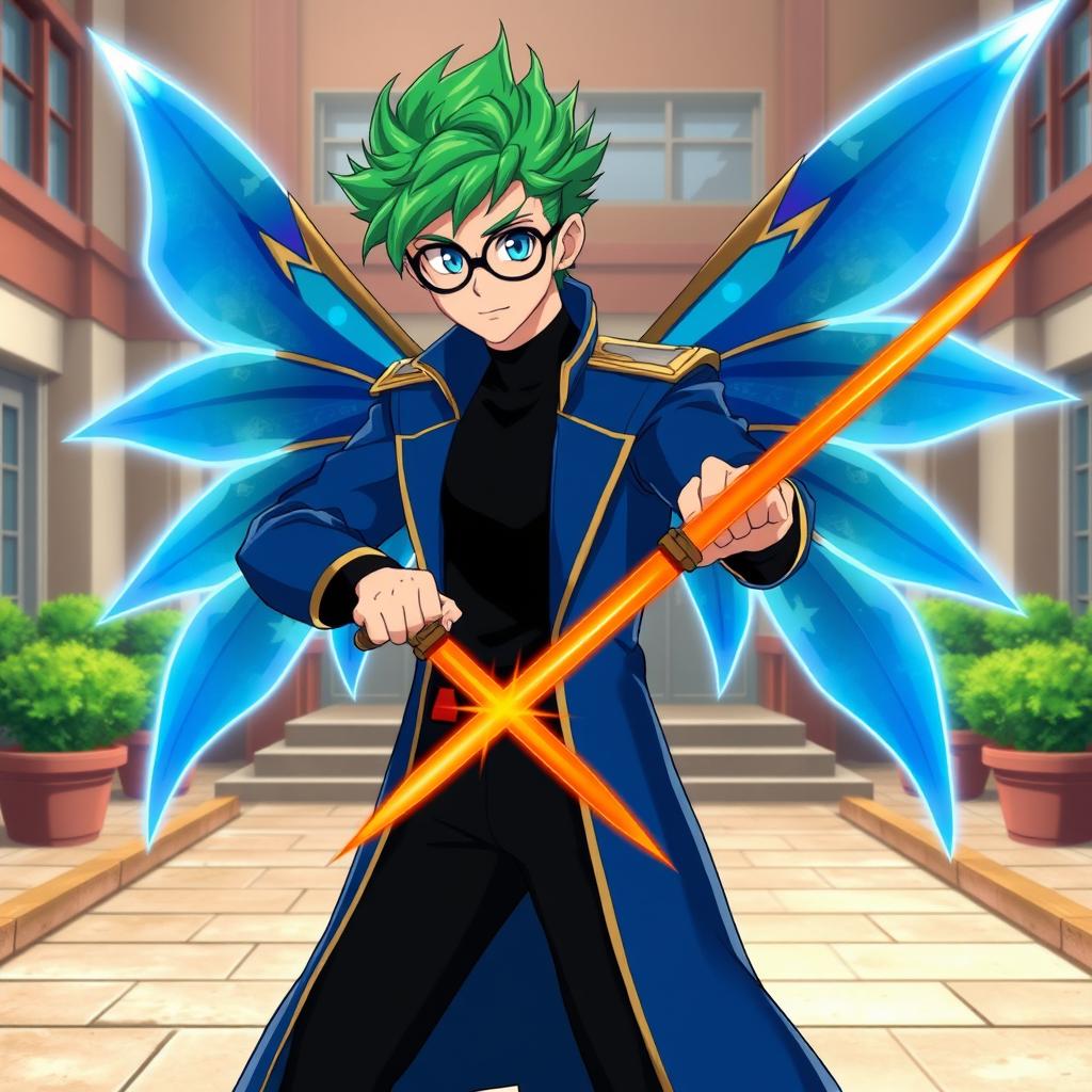 A dynamic scene featuring the Winx Club anime style, showcasing a 15-year-old male Specialist named Siegfried with vibrant green spiky hair and aquarium blue-green eyes