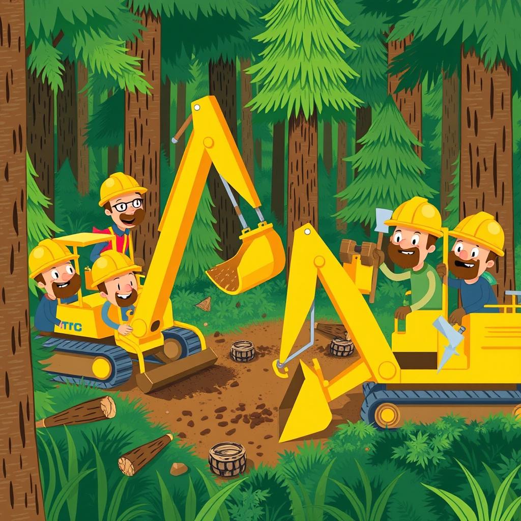 In a whimsical forest scene, several cheerful lumberjacks wearing bright safety helmets are energetically at work