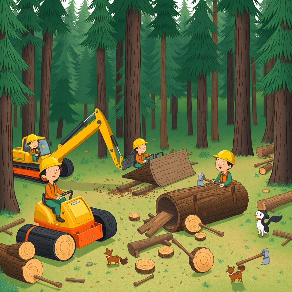 In a lively forest scene, several cheerful lumberjacks wearing bright safety helmets are at work