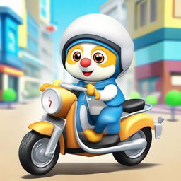 An image of a character named Doctor Love riding an automatic motorbike while wearing a Pororo-themed helmet.