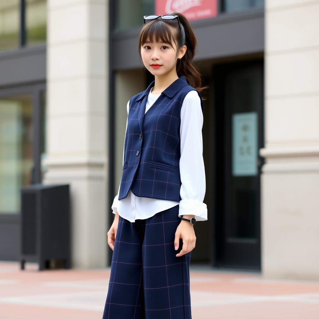 An Asian girl with an hourglass figure, elegantly dressed in a navy blue checked sleeveless vest layered over a 1/4 sleeve white shirt