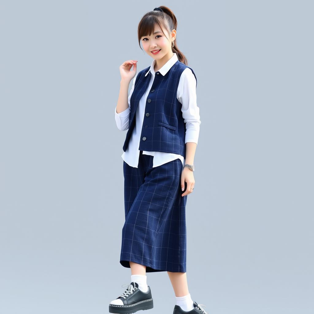 An Asian girl with an hourglass figure, stylishly wearing a navy blue checked sleeveless vest layered over a 1/4 sleeve white shirt