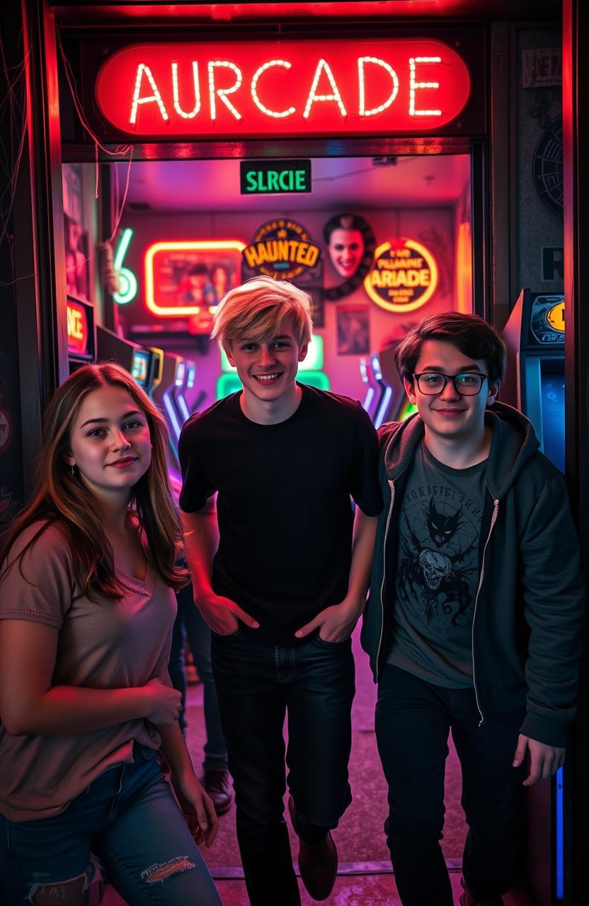 A group of college students entering a haunted arcade, featuring one girl and two boys