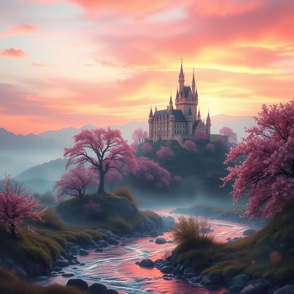 An ethereal fantasy landscape featuring a majestic castle on a hill, surrounded by vibrant, blooming cherry blossom trees