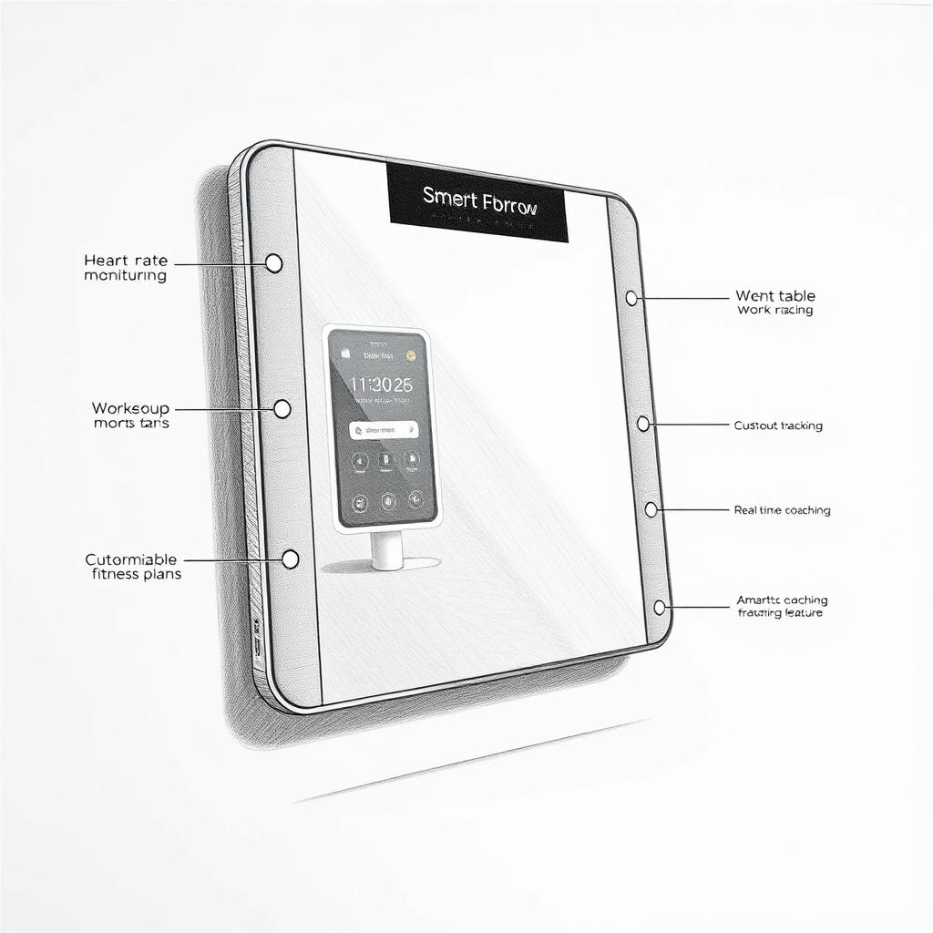 A detailed and artistic pencil drawing of a sophisticated fitness mirror, showcasing its advanced options like heart rate monitoring, workout tracking, customizable fitness plans, and real-time coaching features