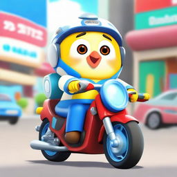 An image of a character named Doctor Love riding an automatic motorbike while wearing a Pororo-themed helmet.