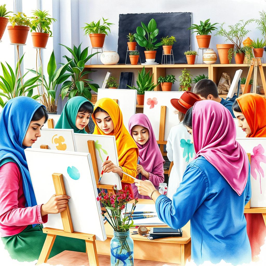 A vibrant watercolor painting capturing a diverse group of Iranian teenagers engaging in an art class