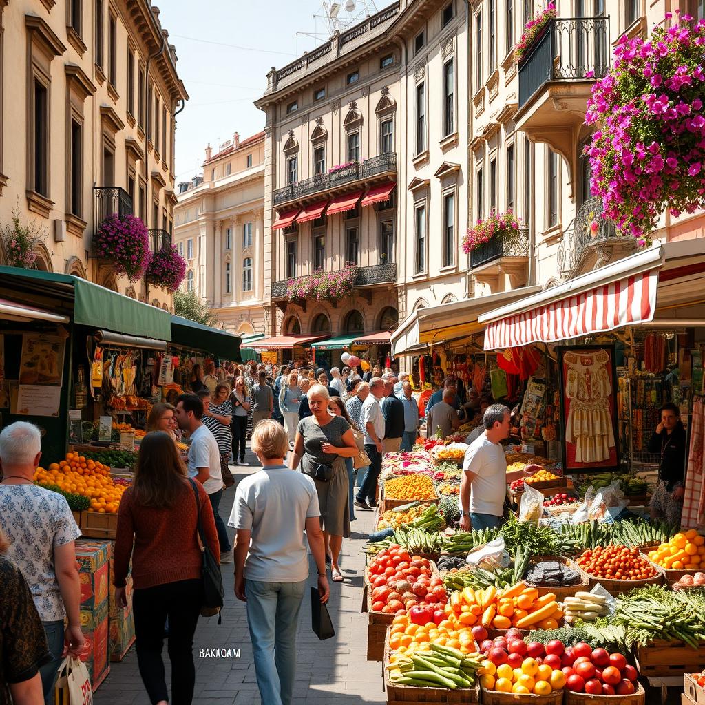 A vibrant and lively street market in Sofia, Bulgaria, filled with colorful stalls selling fresh fruits, vegetables, and local crafts