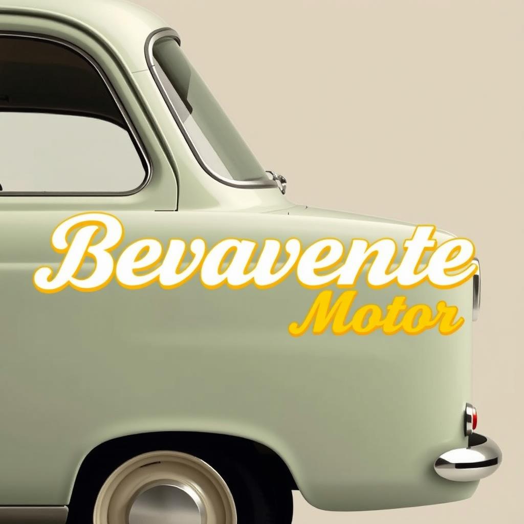 A classic vintage-style side view of a vehicle with the text 'Bevavente Motor' elegantly displayed in white letters with a yellow outline, perfectly aligned along the elongated side of the car