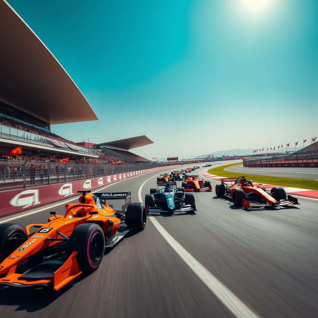 A stunning, high-energy scene of Bahrain International Circuit showcasing multiple McLaren Formula 1 racing cars speeding around the track under a clear blue sky