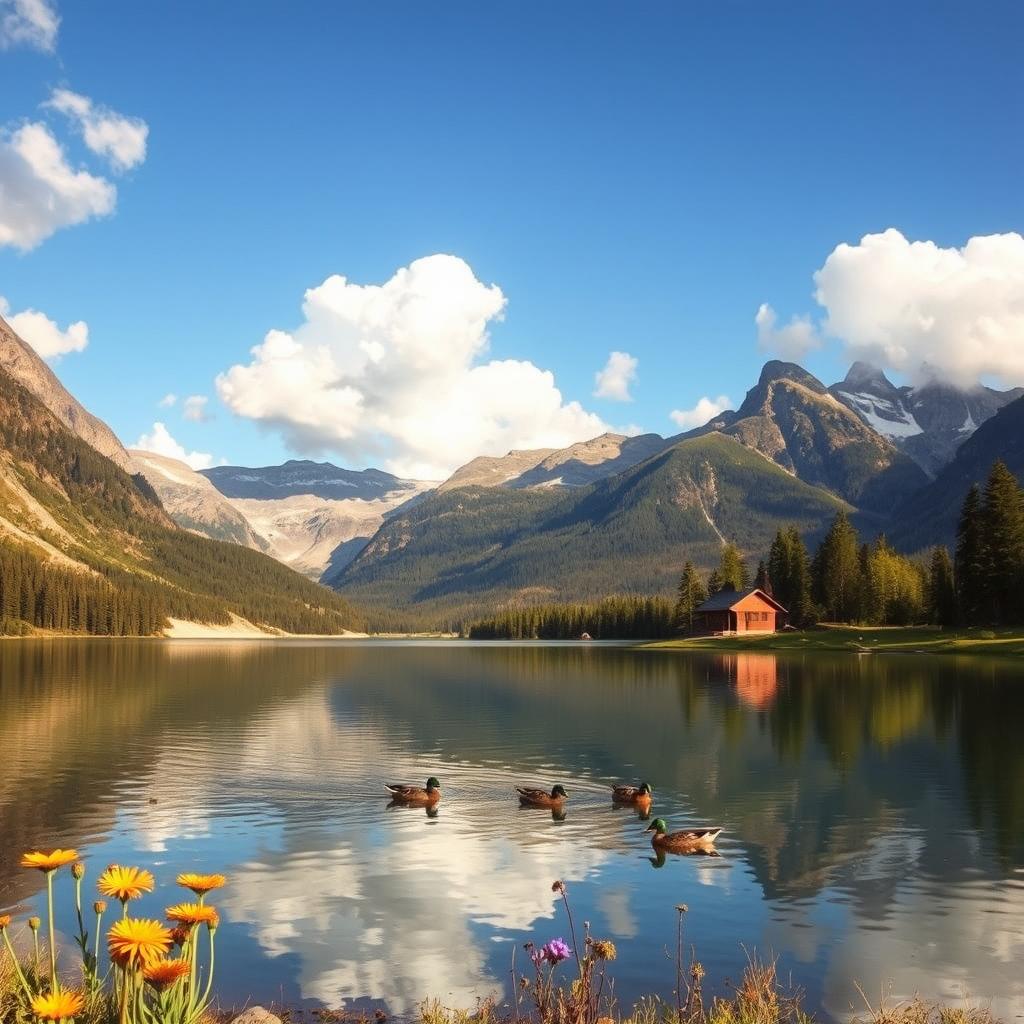 A serene landscape featuring a picturesque lake surrounded by majestic mountains