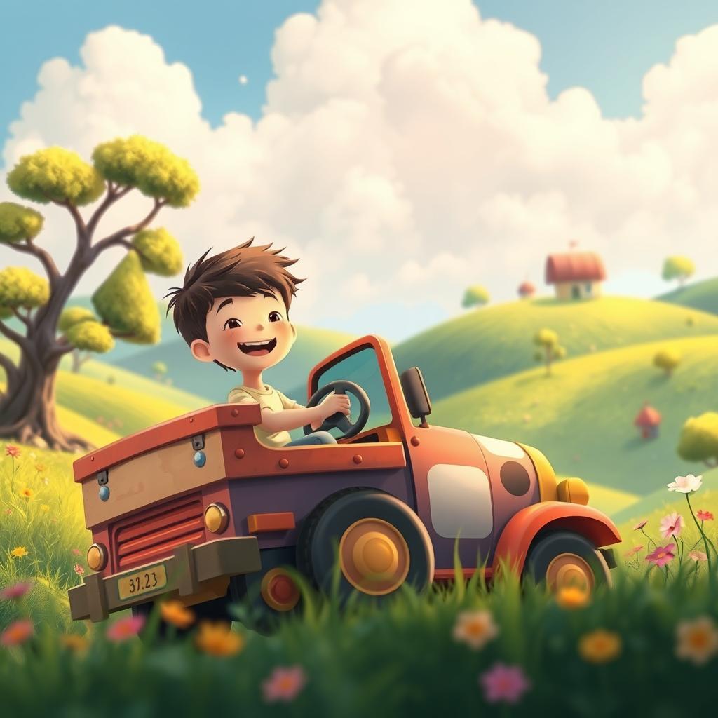 A young boy happily driving a whimsical truck through a vibrant, enchanting landscape inspired by the Studio Ghibli art style