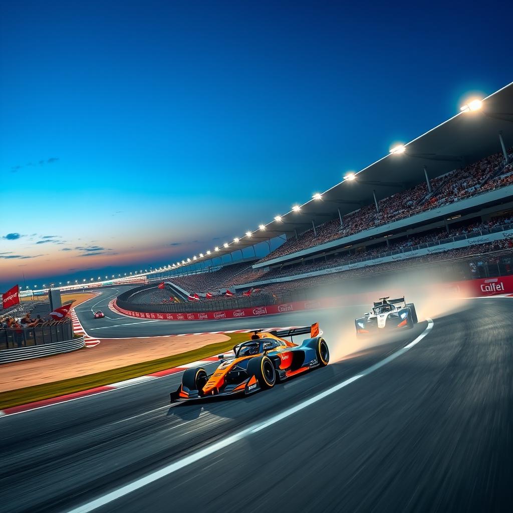 A vibrant, dynamic scene of the Bahrain International Circuit at dusk, showcasing a thrilling Formula 1 race