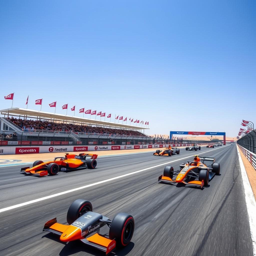 A thrilling scene at the Bahrain International Circuit during a Formula 1 race, featuring sleek McLaren racing cars speeding on the track