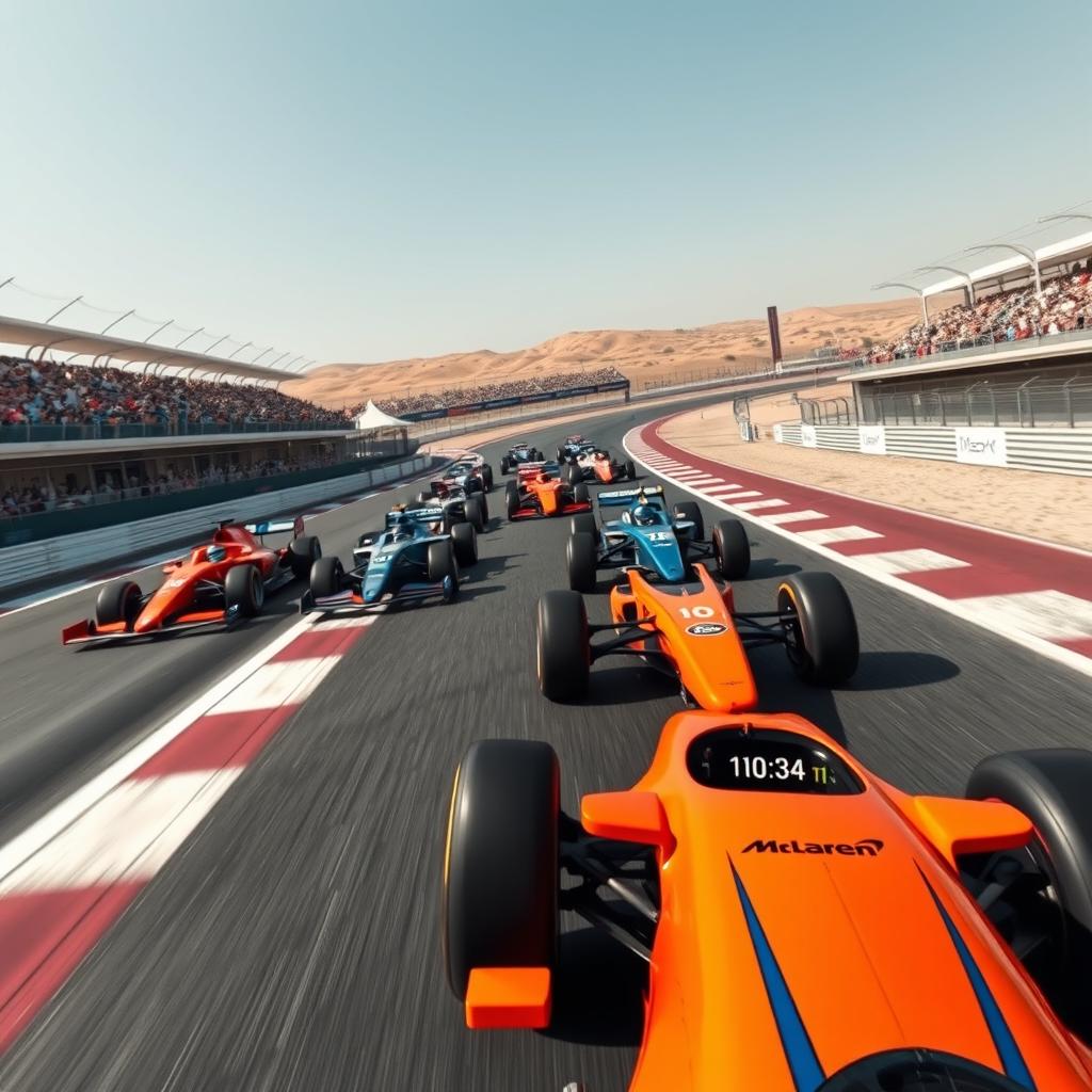 An exhilarating view of the Bahrain International Circuit showcasing multiple Formula 1 McLaren racing cars in action