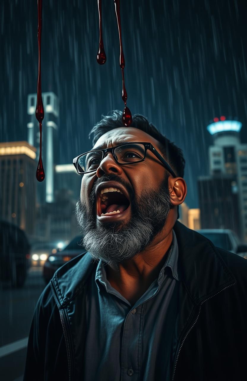 A dramatic scene featuring a bespectacled 55-year-old bearded black man with an expression of fear, screaming under the pouring rain
