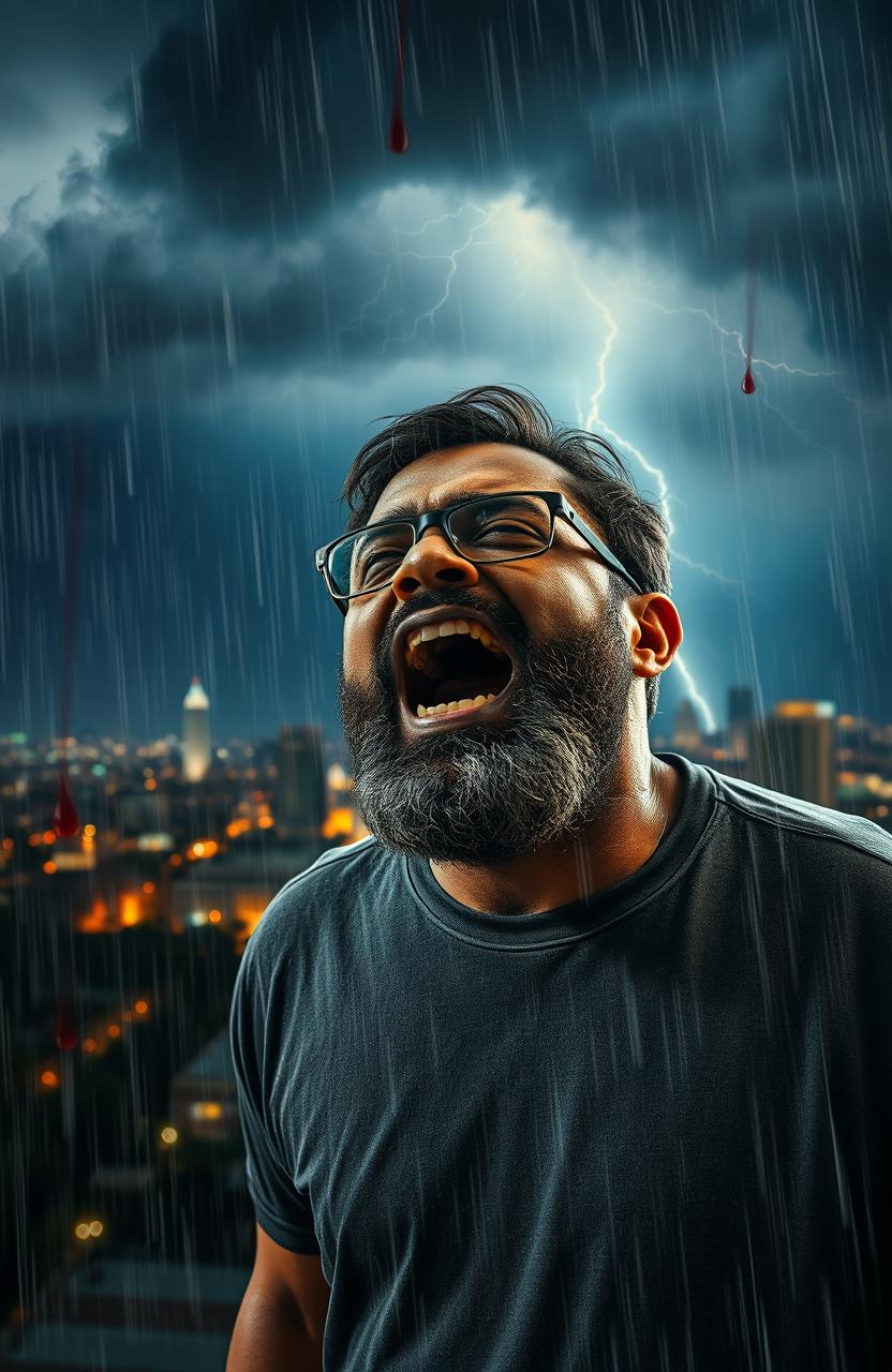 A dramatic scene depicting a bespectacled 55-year-old bearded African black man screaming in fear, standing under a torrential rain