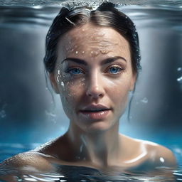 Create a hyper-realistic, 8K UHD HDR image of a beautiful woman formed entirely of water, accentuating photorealistic eyes and dramatic splashes, illuminated by enigmatic lighting. The image should resemble a fantasy-related art masterpiece with the highest quality details.