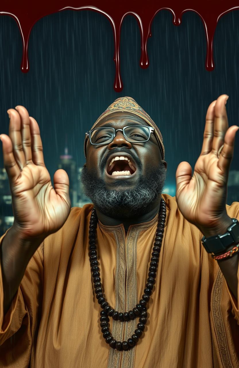 A bespectacled 55-year-old bearded African black man wearing traditional African attire, screaming in fear, with his hands raised to protect his face