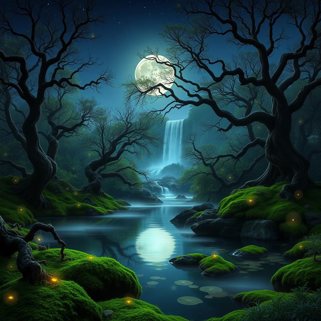 An elegant, mystical forest scene at twilight, filled with bioluminescent plants casting a soft glow