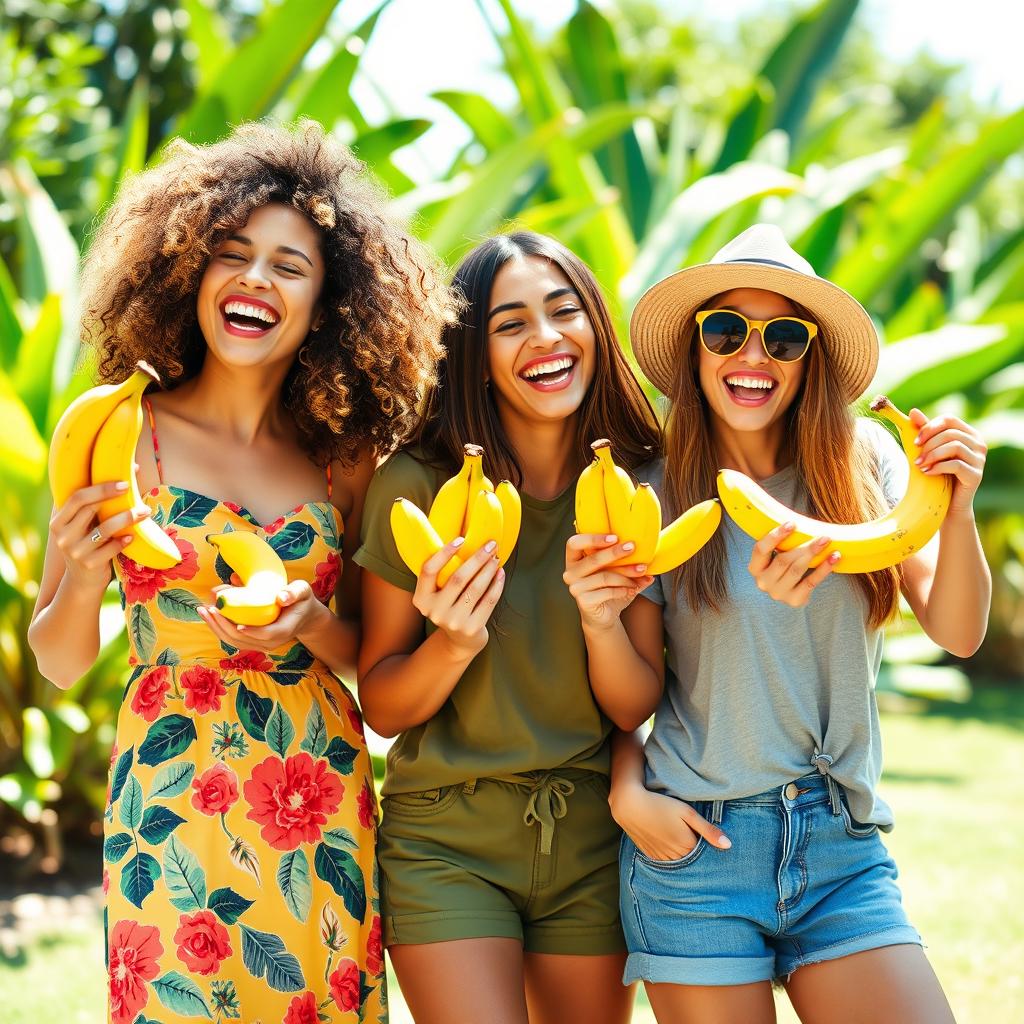 A vibrant and playful scene featuring a group of diverse women joyfully holding ripe bananas, showcasing their laughter and happiness
