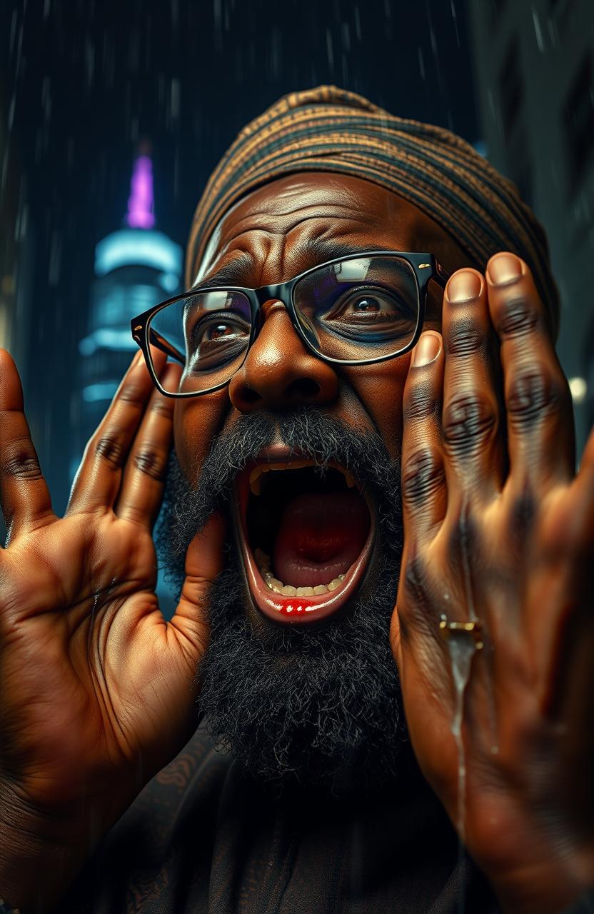 An extreme close-up of a bespectacled 55-year-old bearded African black man dressed in traditional African wear, expressing intense fear as he screams with his hands raised to protect his face