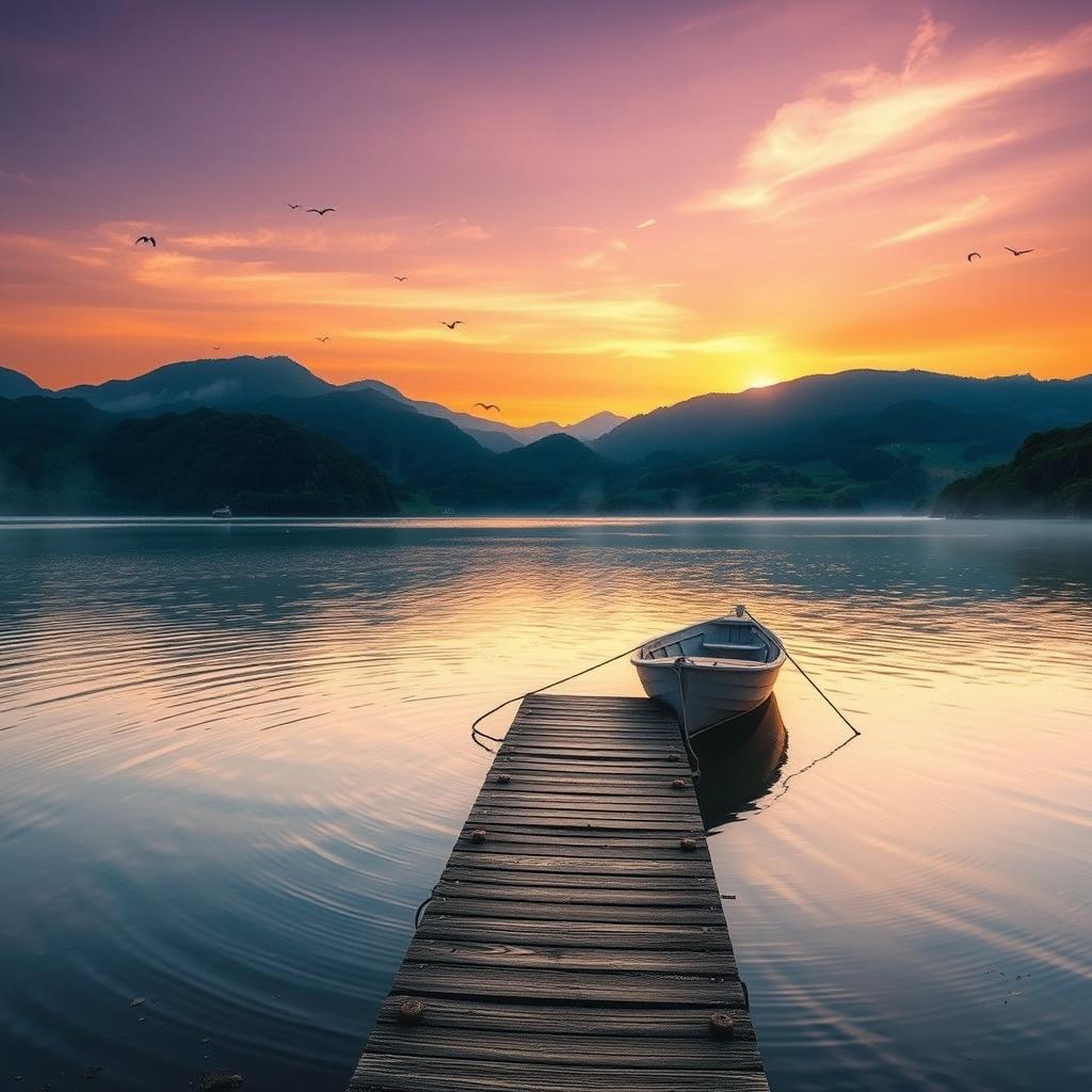 A dreamy landscape depicting a serene evening by a tranquil lake surrounded by lush green mountains