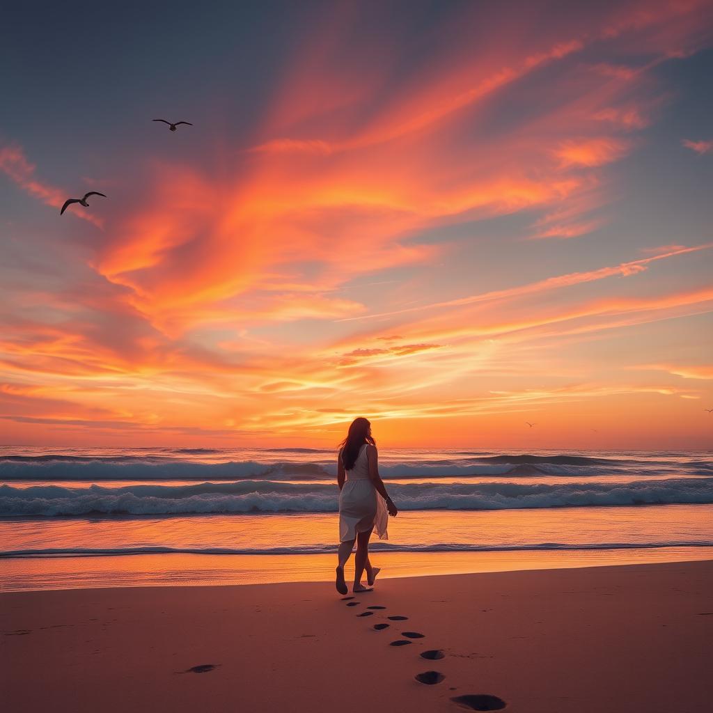 A beautiful sunset over a peaceful beach, with vibrant orange and pink hues in the sky reflecting on the gentle waves of the ocean