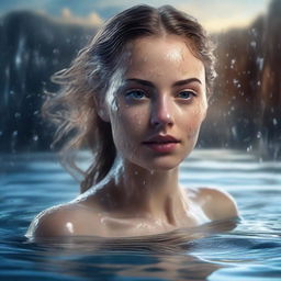 Create a hyper-realistic, 8K UHD HDR image of a beautiful woman formed entirely of water, accentuating photorealistic eyes and dramatic splashes, illuminated by enigmatic lighting. The image should resemble a fantasy-related art masterpiece with the highest quality details.