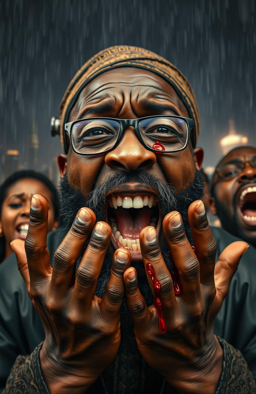 An extreme close-up of a bespectacled 55-year-old bearded African black man wearing traditional African attire, his face contorted in intense fear as he screams, hands raised defensively to protect his face
