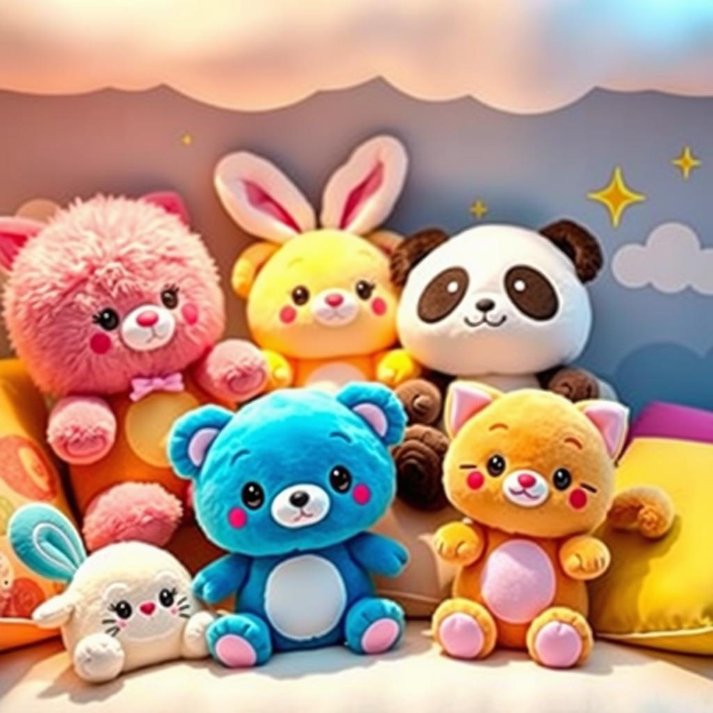 A collection of adorable plush toys, featuring a variety of cute animal designs such as a fluffy bunny, a chubby panda, and a playful kitten