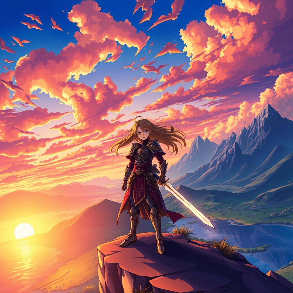 A vibrant anime scene featuring a heroic character standing on a cliff at sunset, with flowing hair and a determined expression