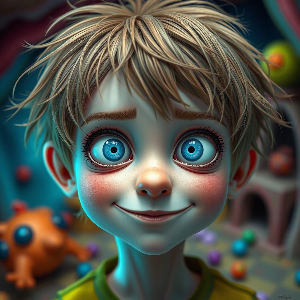 A boy with a hypocritical smile, large eyes, and messy khaki-colored hair