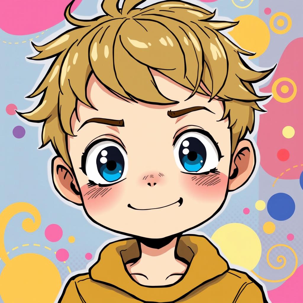A manga-style boy with a hypocritical smile, featuring large eyes without pupils that are bright blue