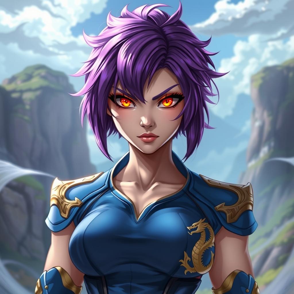A striking female character with vibrant purple hair styled stylishly, featuring piercing golden eyes that stand out