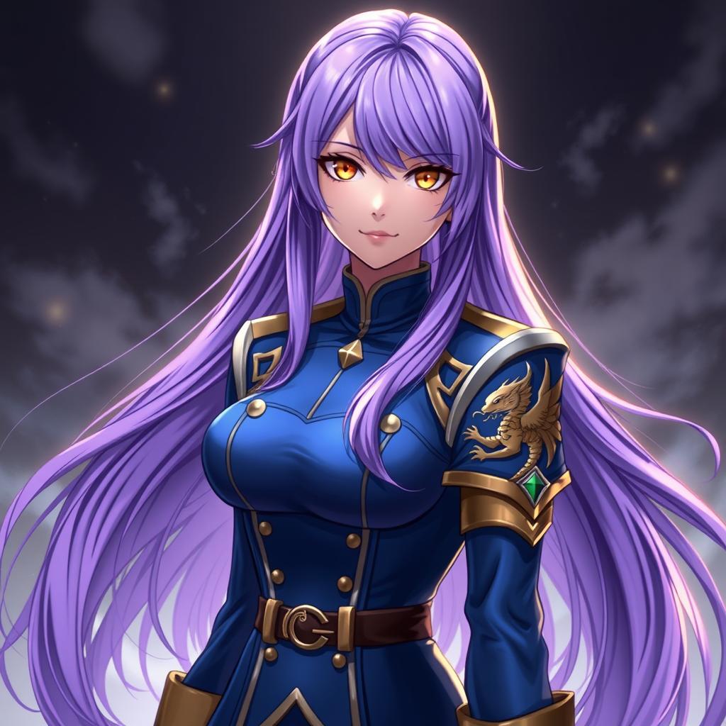 A captivating female character with long, flowing purple hair that cascades elegantly down her back, complemented by striking golden eyes that shine brilliantly