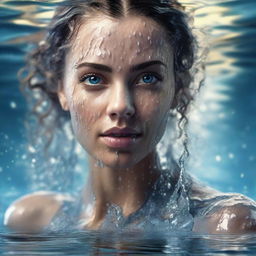 Create a hyper-realistic, 8K UHD HDR image of a beautiful woman formed entirely of water, accentuating photorealistic eyes and dramatic splashes, illuminated by enigmatic lighting. The image should resemble a fantasy-related art masterpiece with the highest quality details.