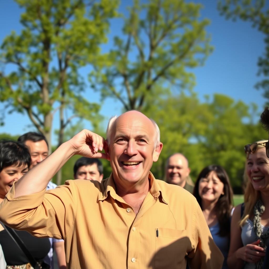 A middle-aged, balding man, holding his ears in a humorous manner, surrounded by amused bystanders as he talks animatedly