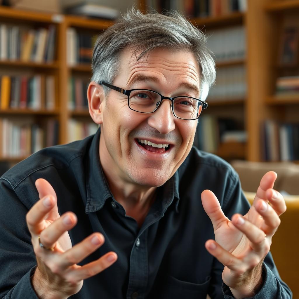 A middle-aged man with thinning hair, wearing glasses, who is animatedly talking