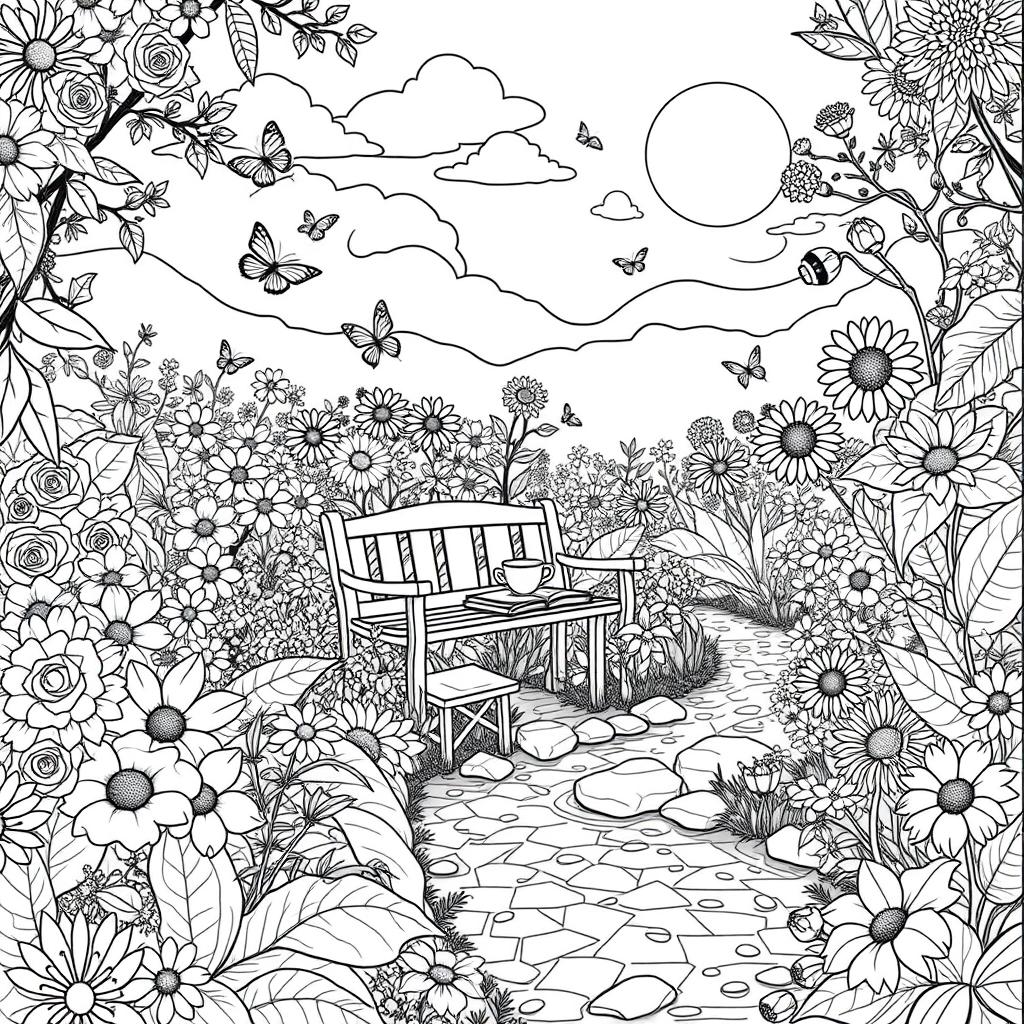A beautifully intricate line drawing suitable for coloring, featuring a vibrant garden scene