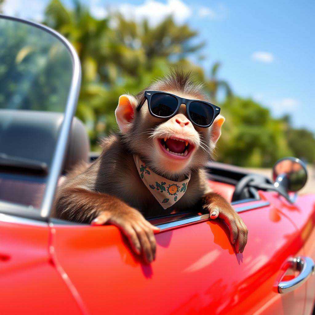 A playful monkey joyfully riding in a colorful convertible car on a sunny day, the car is bright red with a shiny finish, and the monkey is wearing cute sunglasses and a small bandana, smiling as it leans slightly out of the car window, with trees and a clear blue sky in the background, capturing a sense of fun and adventure