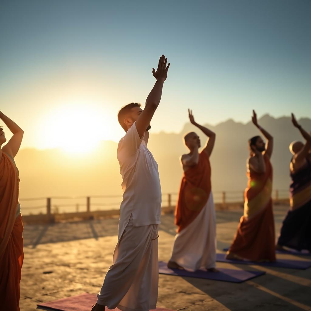 A serene scene of a group of Indian yogis, all properly clothed in traditional attire, performing the sun salutation in an open area