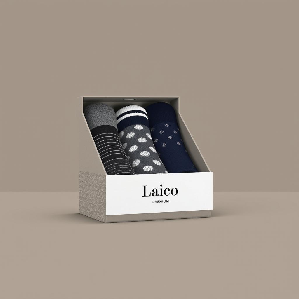 A stylish and modern packaging design for a men's socks box titled 'Laico'