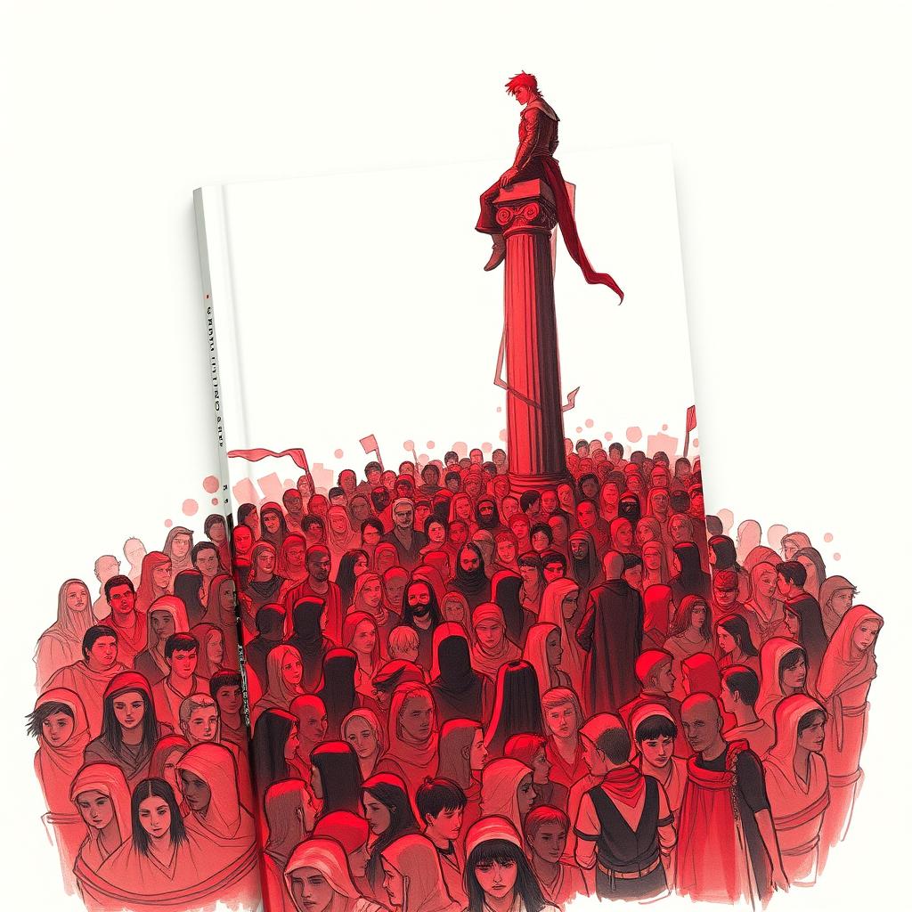 A book cover depicting a medieval world, featuring a tightly packed crowd of people standing closely together, all bathed in a soft red glow that adds an intriguing atmosphere