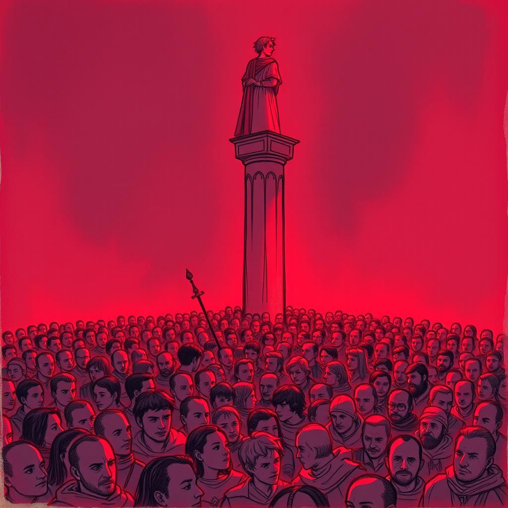 A book cover depicting a medieval world, showcasing a tightly packed crowd of people closely standing together, all illuminated by a soft red glow that creates an atmospheric effect
