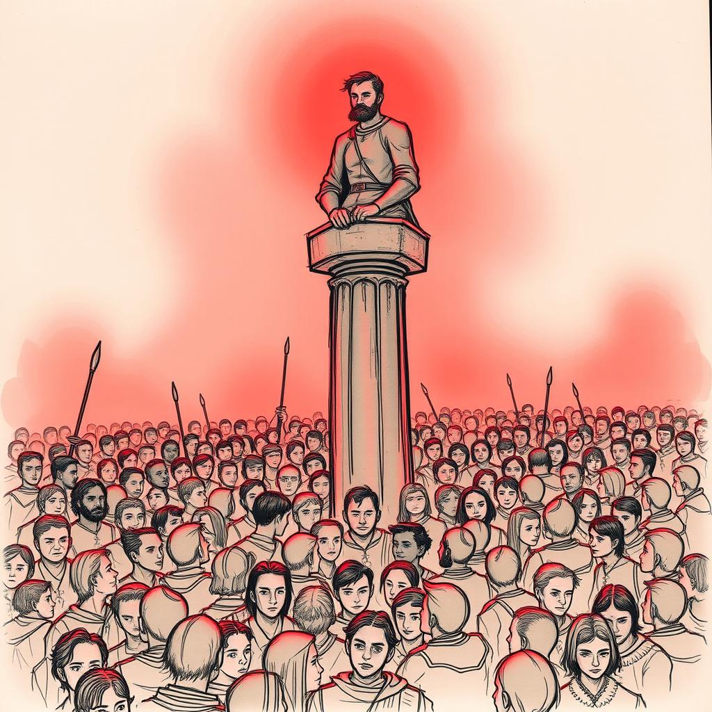 A book cover depicting a medieval world with a tightly packed crowd of people standing closely together, all illuminated by a soft red glow that creates an atmospheric effect