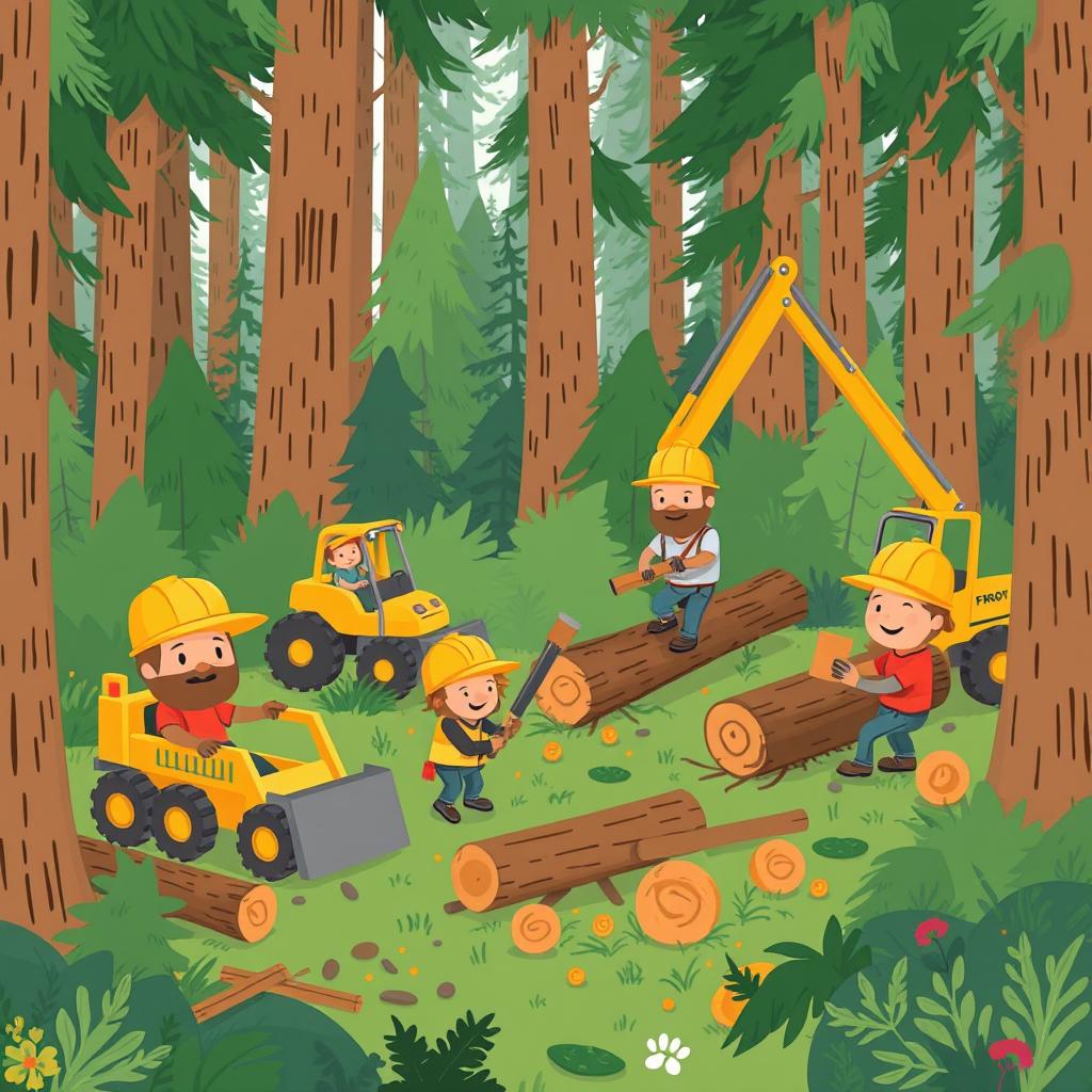 In a lively forest scene, several lumberjacks wearing safety helmets are busy at work